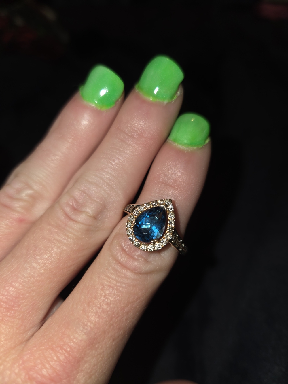 Blue Teardrop Halo Ring in Rose Gold